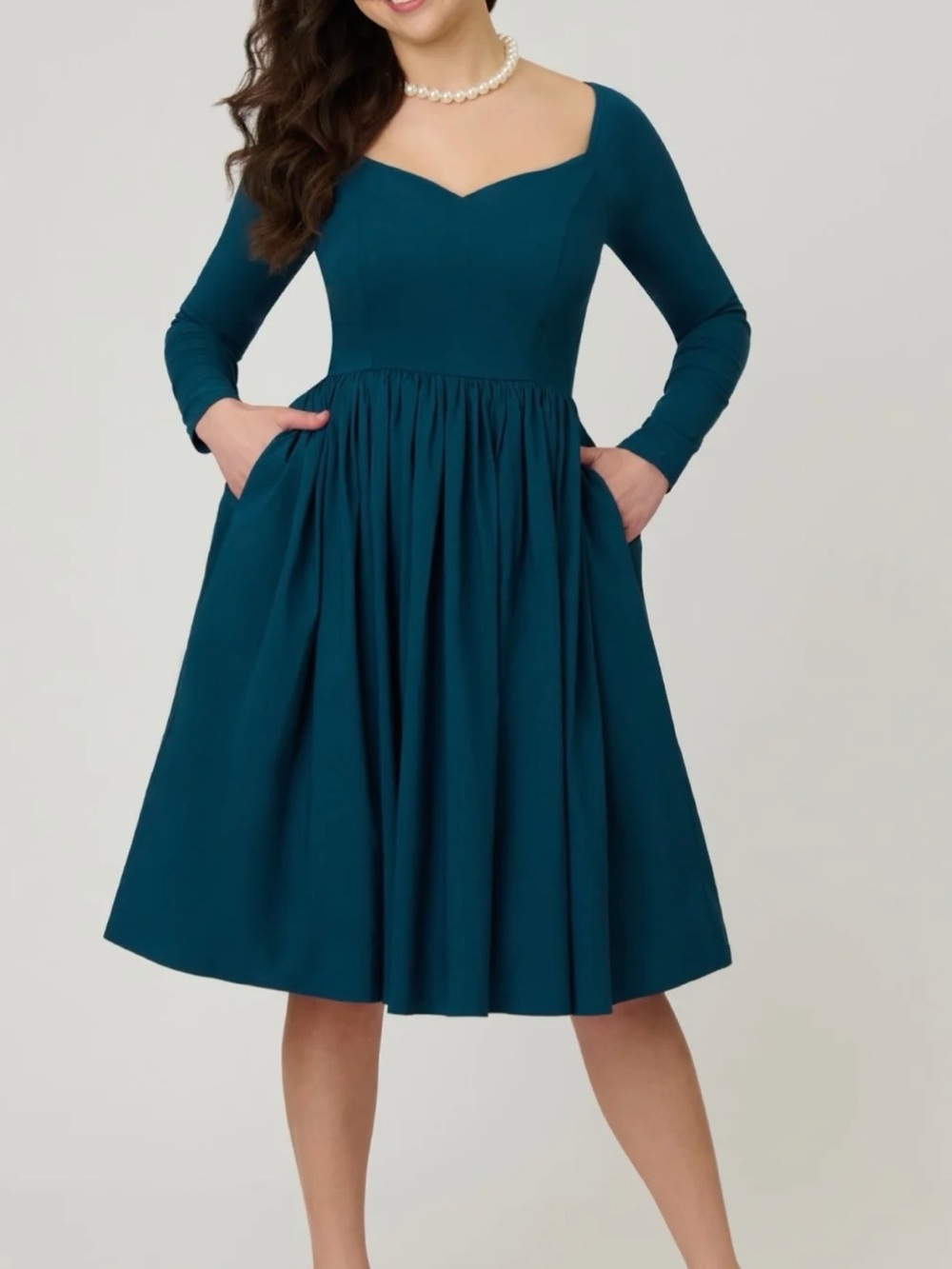 Unique Vintage Teal Long-Sleeve Fit & Flare Dress